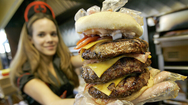 One of the Heart Attack Grill's "triple bypass" burgers. (AP)