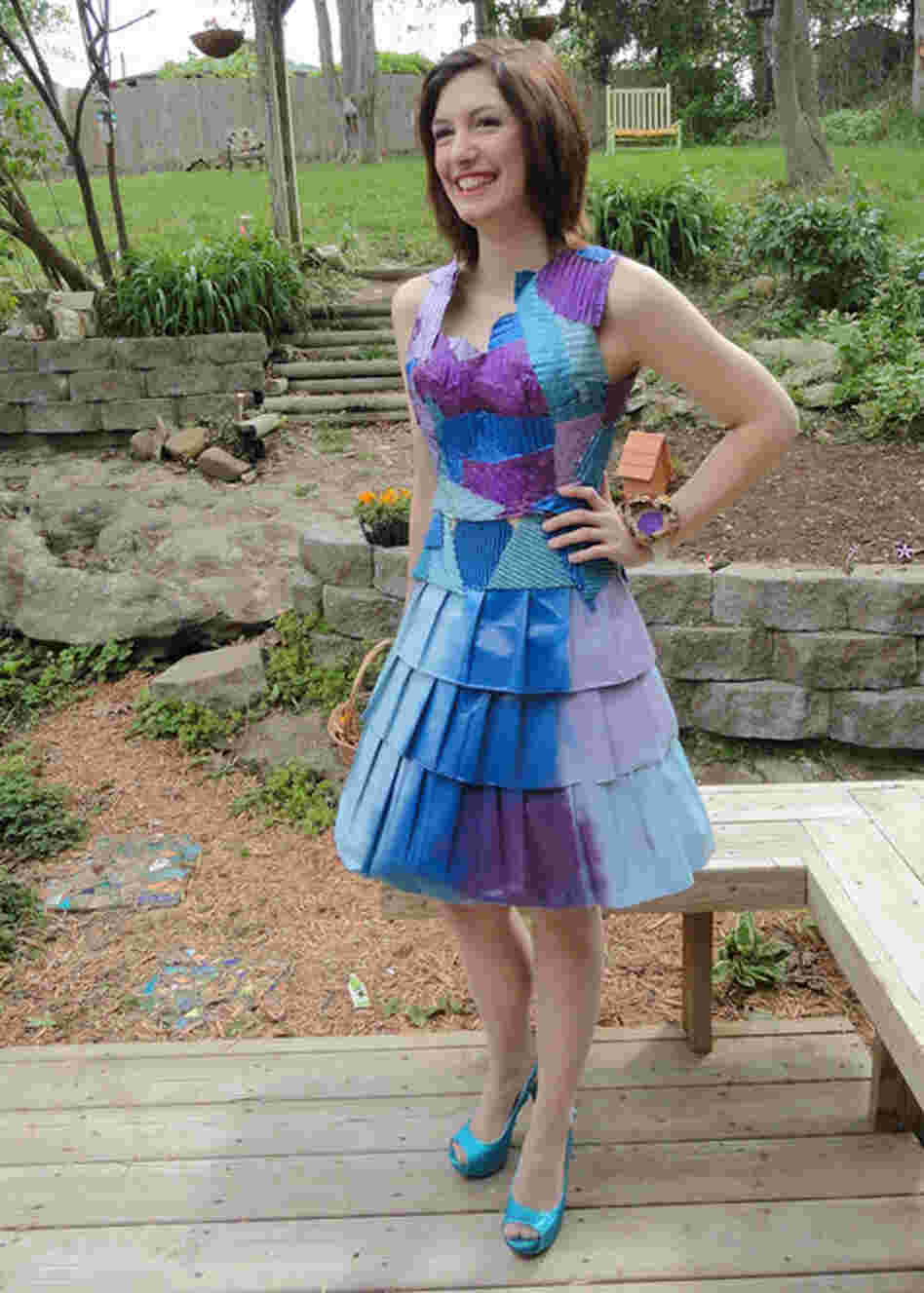 Maura Pozek poses in her prom dress made out of corrugated cardboard, paper bags and "lots of hot glue".