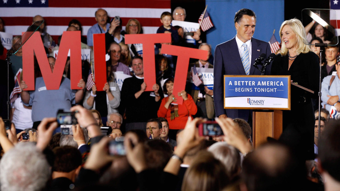 Mitt Romney and his wife, Ann, address a campaign rally in Manchester, N.H. Romney swept five Republican primaries Tuesday night.