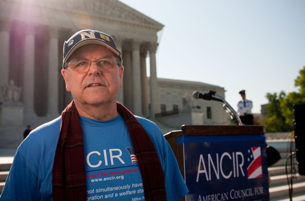 Michael McLaughlin, vice president of the American Council for Immigration Reform, demonstrates in support of SB 1070.
