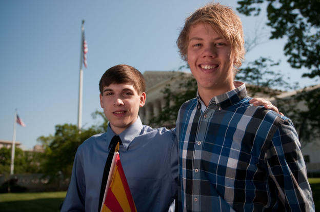 Benjamin Williams (right) and Ole Martin, classmates from Juneau, Alaska, disagree about SB 1070.
