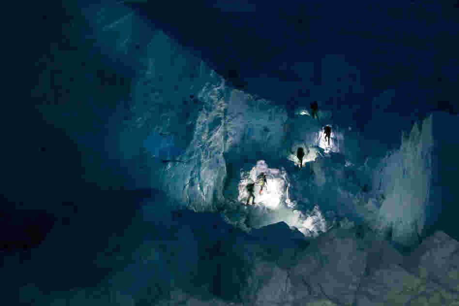 Sherpas' headlamps in the Khumbu Icefall early in the morning, April 20.