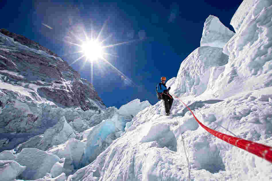Expedition leader Conrad Anker descends an ice step in the Khumbu Icefall, April 19.