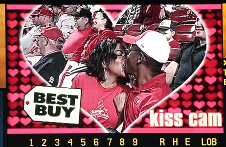 The video board at Busch Stadium is seen during a popular between-inning feature known as The video board at Busch Stadium is seen during a popular between-inning feature known as