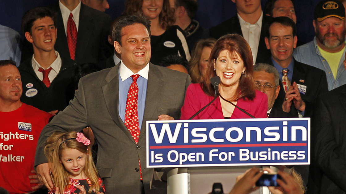 In this photo taken in November 2010, Lt. Gov.-elect Rebecca Kleefisch speaks to supporters in Pewaukee, Wis.