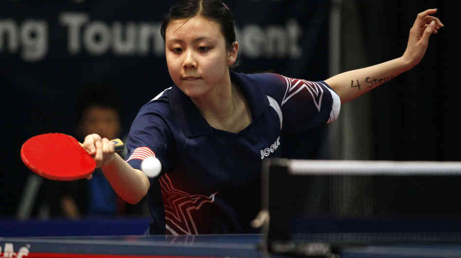 American Ariel Hsing competes against Canadian Chris Xu at the table tennis qualifying tournament in Cary, N.C., on April 20. American Ariel Hsing competes against Canadian Chris Xu at the table tennis qualifying tournament in Cary, N.C., on April 20.