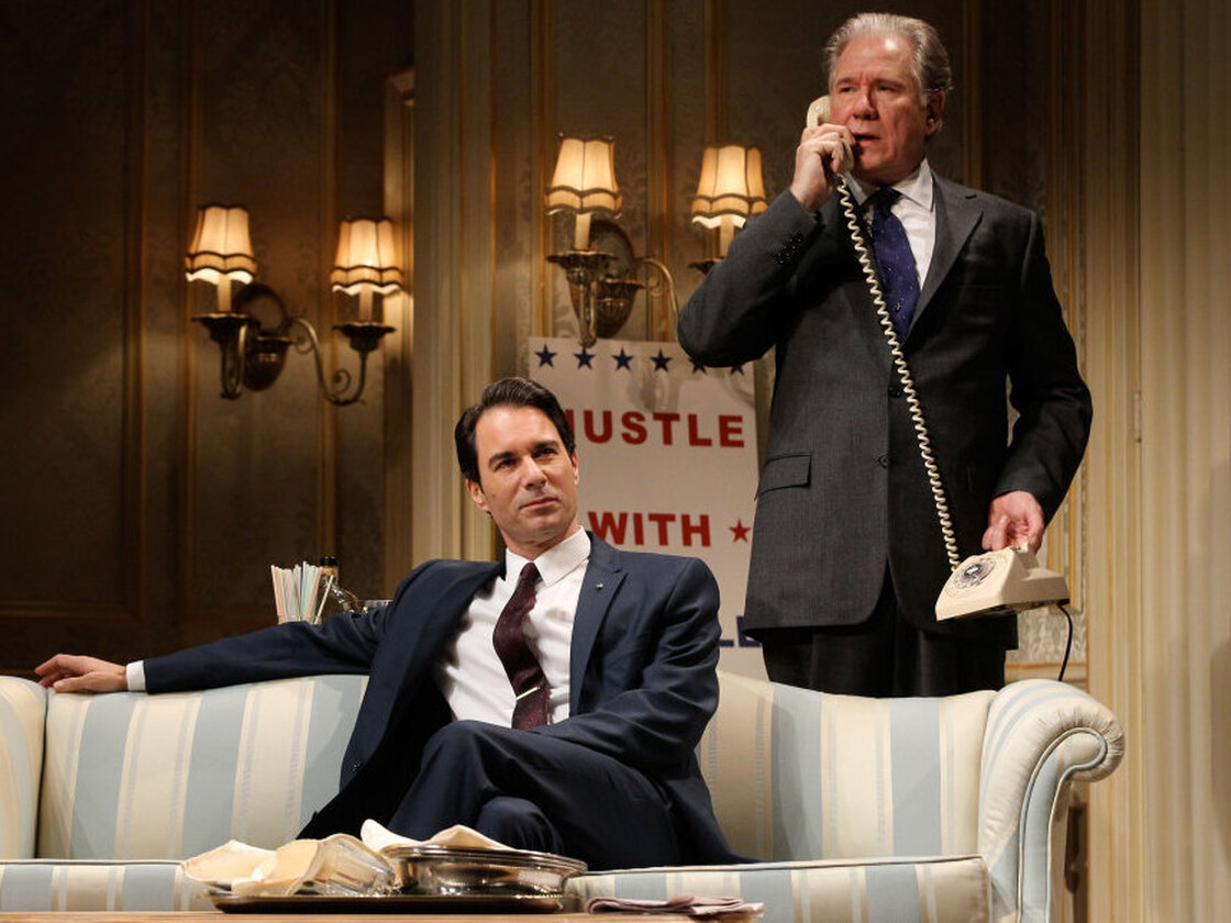 Sen. Joseph Cantwell, played by Eric McCormack (left), is an ambitious striver who throws mud at his rival, Secretary William Russell, played by John Larroquette, who debates whether to use some dirt of his own in The Best Man.