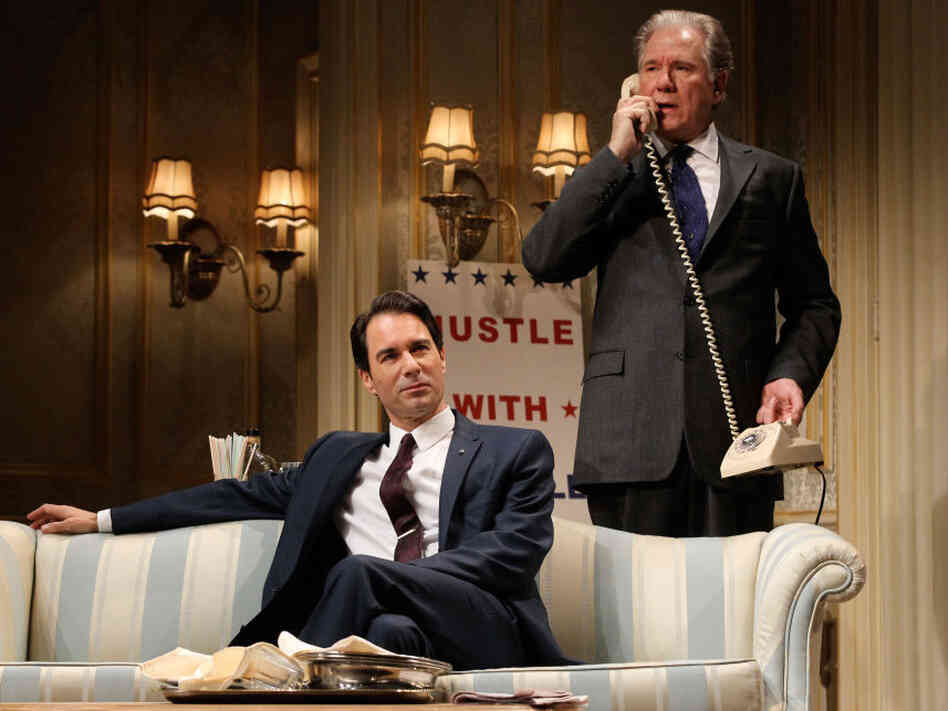 Sen. Joseph Cantwell, played by Eric McCormack (left), is an ambitious striver who throws mud at his rival, Secretary William Russell, played by John Larroquette, who debates whether to use some dirt of his own in The Best Man.
