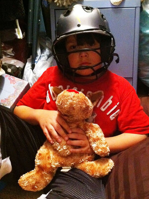 Noah Stewart shelters in the closet just 15 minutes before an April 2011 tornado demolished his house. Wearing the helmet may have saved his life, one doctor says. Noah Stewart shelters in the closet just 15 minutes before an April 2011 tornado demolished his house. Wearing the helmet may have saved his life, one doctor says.