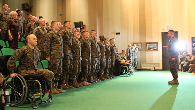 Wounded Warrior Battalions have been set up to help troops returning from combat recover from their injuries. But recent Pentagon reviews have found a pattern of overmedication in such battalions. Here, Marines assigned to Wounded Warrior Battalion East at Walter Reed National Military Medical Center in Bethesda, Md., graduate from a training course in January. Wounded Warrior Battalions have been set up to help troops returning from combat recover from their injuries. But recent Pentagon reviews have found a pattern of overmedication in such battalions. Here, Marines assigned to Wounded Warrior Battalion East at Walter Reed National Military Medical Center in Bethesda, Md., graduate from a training course in January.