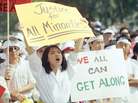 A crowd of more than a thousand rallied in Los Angeles on May 2, 1992, calling for healing between Koreans and the African-American community. A crowd of more than a thousand rallied in Los Angeles on May 2, 1992, calling for healing between Koreans and the African-American community.