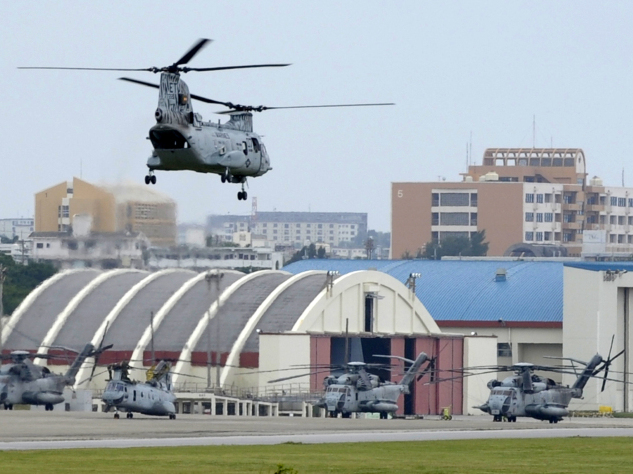A U.S. Marine Corps helicopter takes off from Air Station Futenma in Ginowan, Okinawa prefecture.