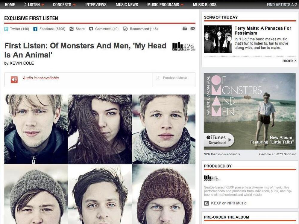 A sponsorship banner for Of Monsters and Men's new album appeared on an NPR Music page about the band.