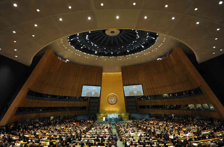 The United Nations General Assembly Hall, pictured here hosting a speech by Palestinian Authority President Mahmoud Abbas, is the venue for tonight's International Jazz Day concert.