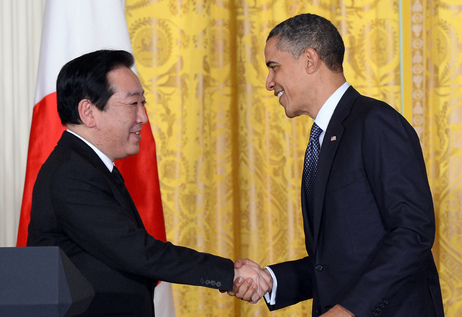 U.S. President Barack Obama shakes hands with Japan's Prime Minister Yoshihiko Noda during a joint press conference in the East Room at the White House in Washington, DC, on Monday. U.S. President Barack Obama shakes hands with Japan's Prime Minister Yoshihiko Noda during a joint press conference in the East Room at the White House in Washington, DC, on Monday.