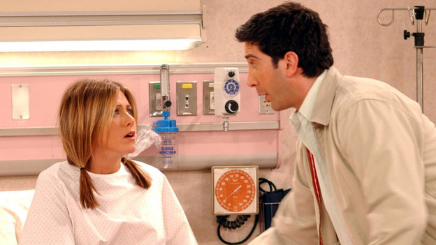 Jennifer Aniston and David Schwimmer appear in the baby birth episode of NBC's Friends.