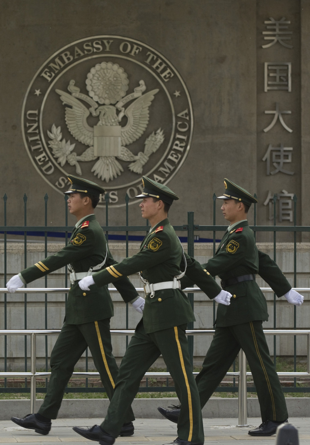Chinese paramilitary police patrol outside the U.S. Embassy in Beijing on April 28. Chen Guangcheng, a blind legal activist who fled house arrest in his rural Chinese village, is reported to be under the protection of U.S. officials. Secretary of State Hillary Clinton is heading to China for what was supposed to be a routine visit.