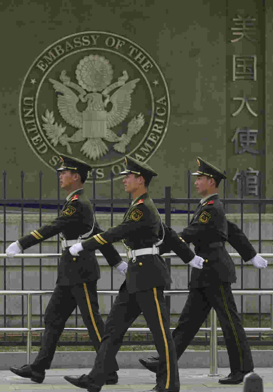 Chinese paramilitary police patrol outside the U.S. Embassy in Beijing on April 28. Chen Guangcheng, a blind legal activist who fled house arrest in his rural Chinese village, is reported to be under the protection of U.S. officials. Secretary of State Hillary Clinton is heading to China for what was supposed to be a routine visit.