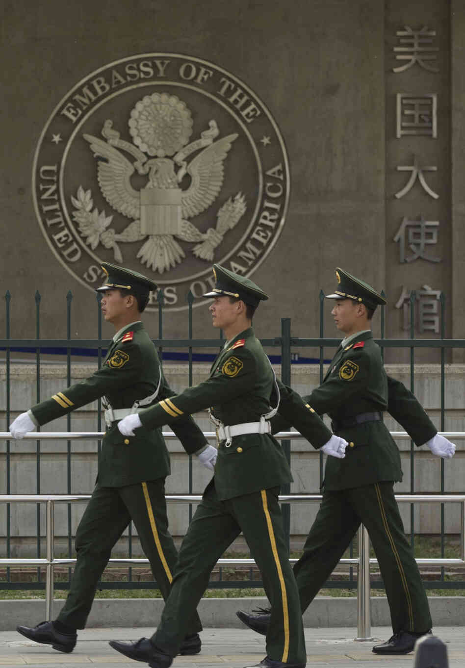 Chinese paramilitary police patrol outside the U.S. Embassy in Beijing on April 28. Chen Guangcheng, a blind legal activist who fled house arrest in his rural Chinese village, is reported to be under the protection of U.S. officials. Secretary of State Hillary Clinton is heading to China for what was supposed to be a routine visit.