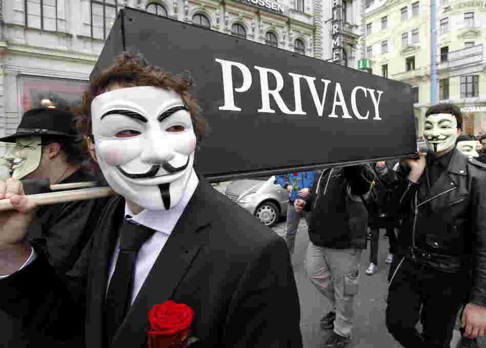 Demonstrators with Guy Fawkes masks protest changing privacy policies on March 31, in Vienna.