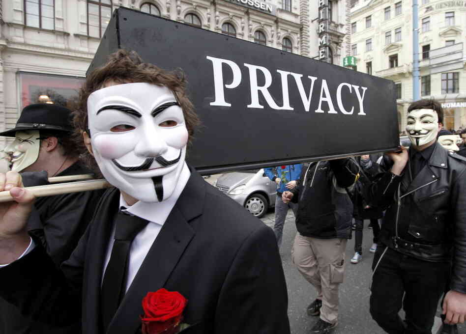Demonstrators with Guy Fawkes masks protest changing privacy policies on March 31, in Vienna.