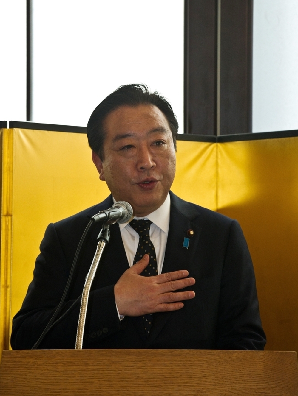 Japanese Prime Minister Yoshihiko Noda speaks during a reception at the Japanese Embassy in Washington on Sunday. Noda meets with President Obama at the White House on Monday.