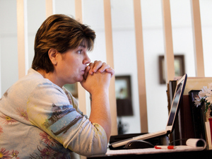 Teresa MacBain pauses while talking about her ongoing job search. She has been out of work since leaving her position as a Methodist pastor earlier this year.