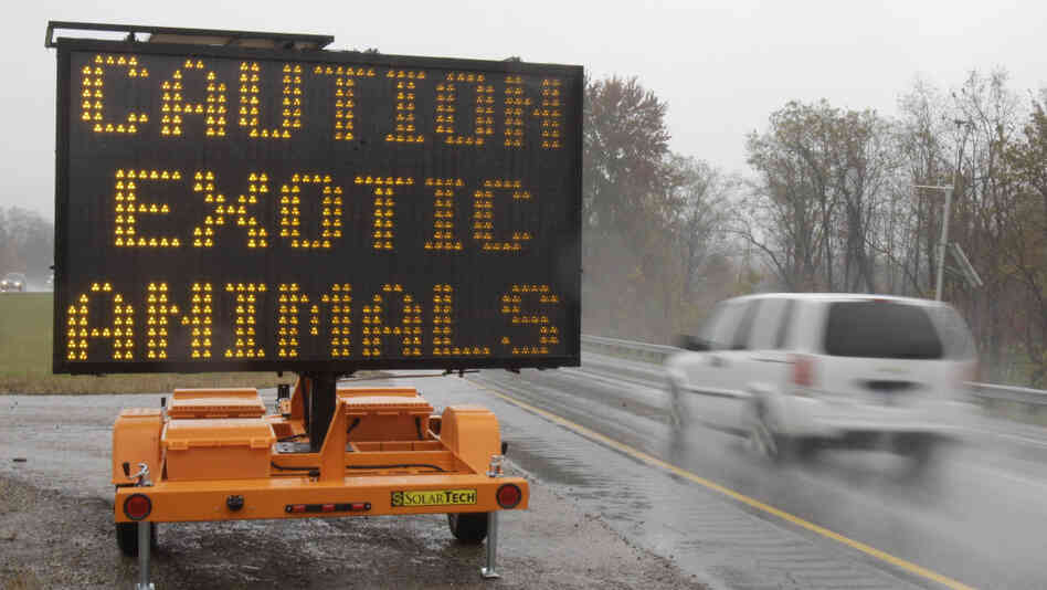 A sign warning motorists that exotic animals were on the loose near Zanesville, Ohio, last October.