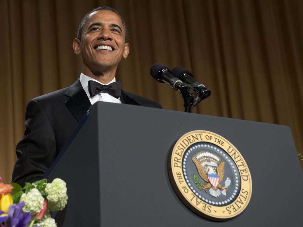 President Obama speaks — and jokes — during the White House Correspondents Association Dinner on Saturday.