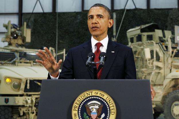 U.S. President Barack Obama delivers an address to the American people on U.S. policy and the war in Afghanistan during his visit to Bagram Air Base on Tuesday.