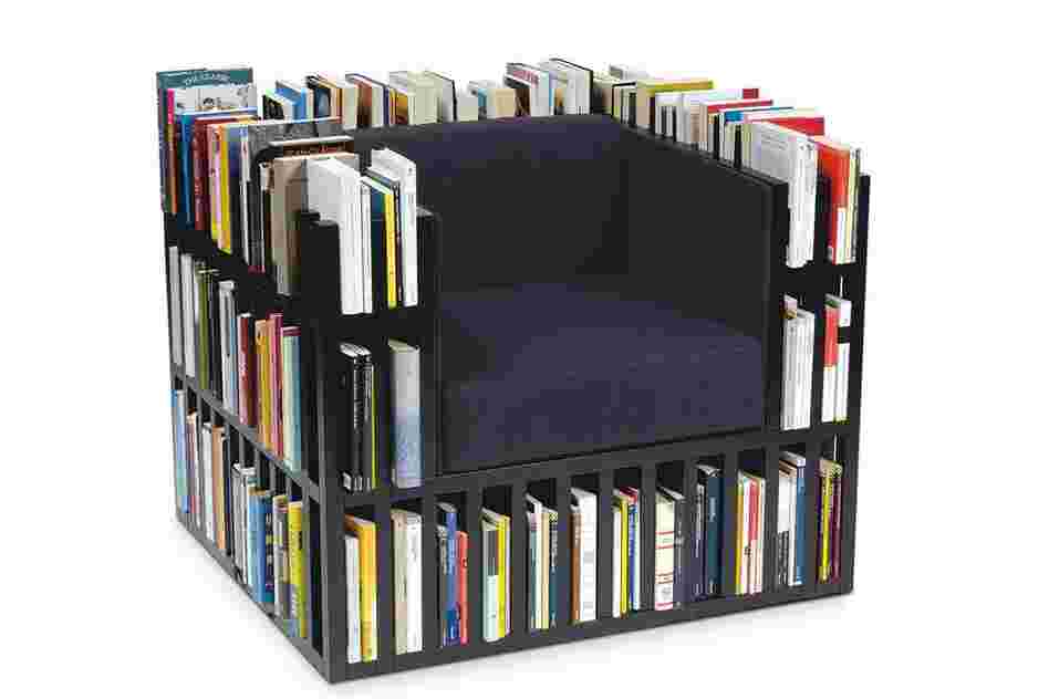 Bibliochaise: The Bibliochaise, designed by Giovanni Gennari and Alisee Matta, contains 16 feet 3 inches of shelf space and comes in white or black with leather cushions.