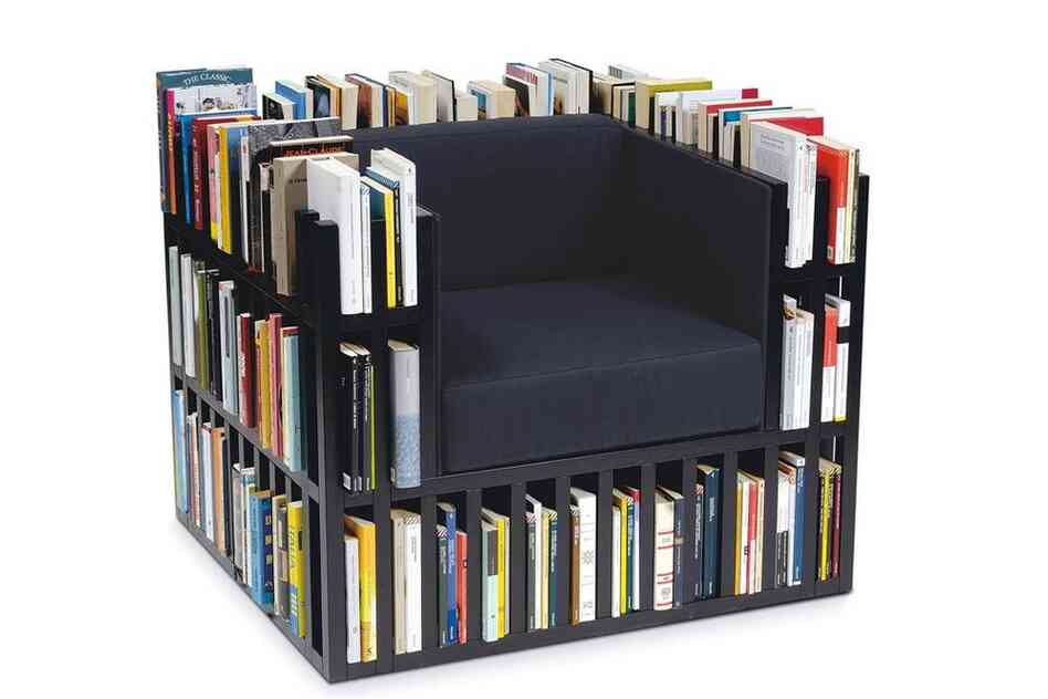 Bibliochaise: The Bibliochaise, designed by Giovanni Gennari and Alisee Matta, contains 16 feet 3 inches of shelf space and comes in white or black with leather cushions.