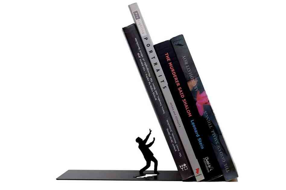 Falling Bookend: The upright of the bookend is hidden inside the first book.