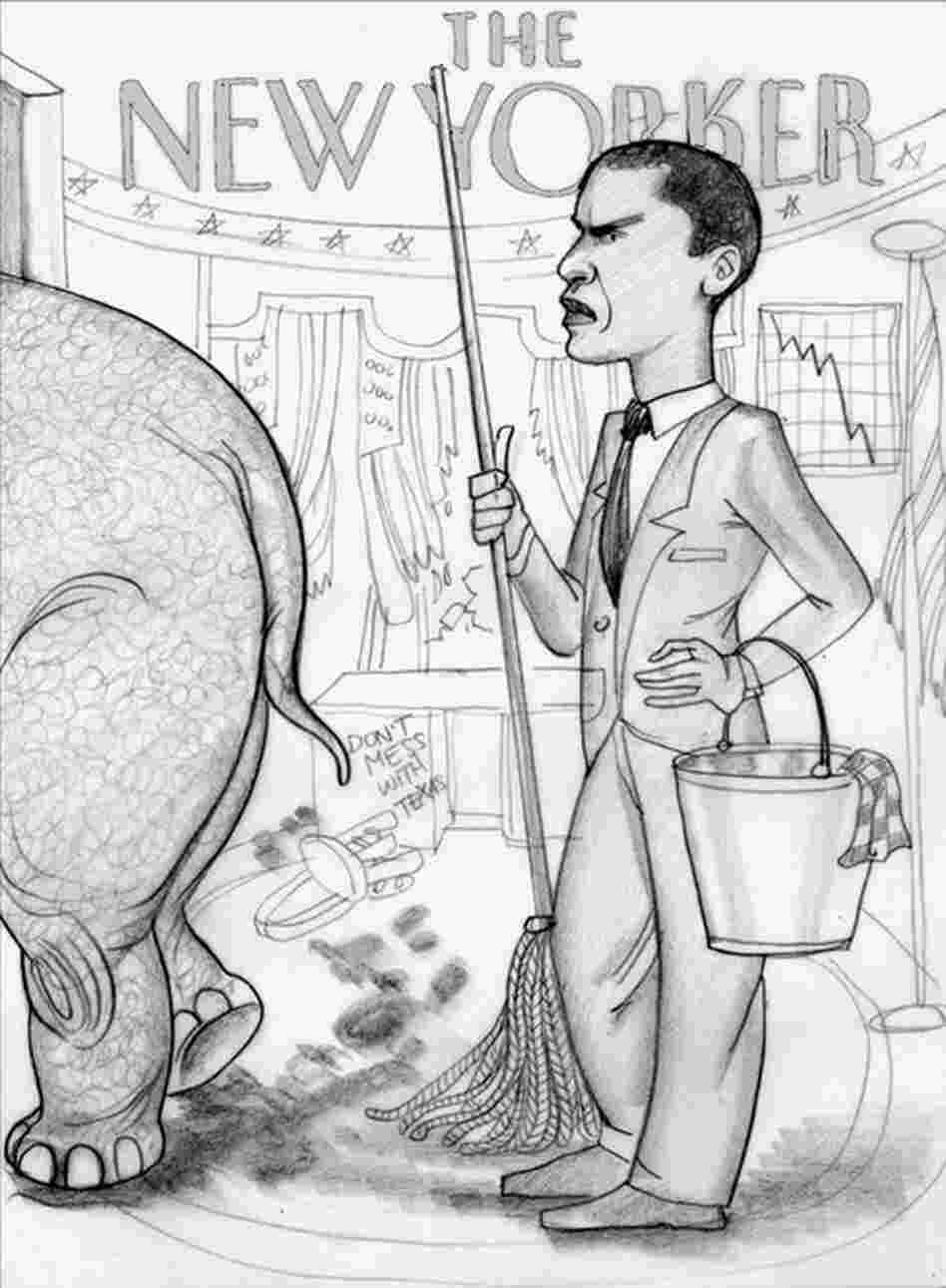 After the 2008 election, artists needed to find acceptable ways to represent this new president, who functioned as the repository of so many people's hopes and expectations. Anita Kunz sketched Obama inheriting eight years of Republican mess.