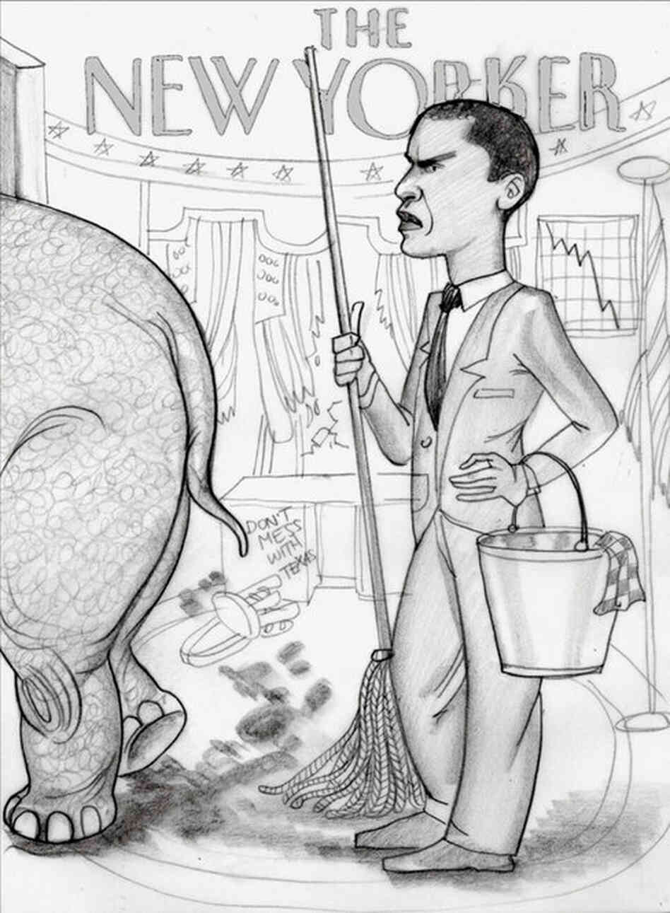 After the 2008 election, artists needed to find acceptable ways to represent this new president, who functioned as the repository of so many people's hopes and expectations. Anita Kunz sketched Obama inheriting eight years of Republican mess.