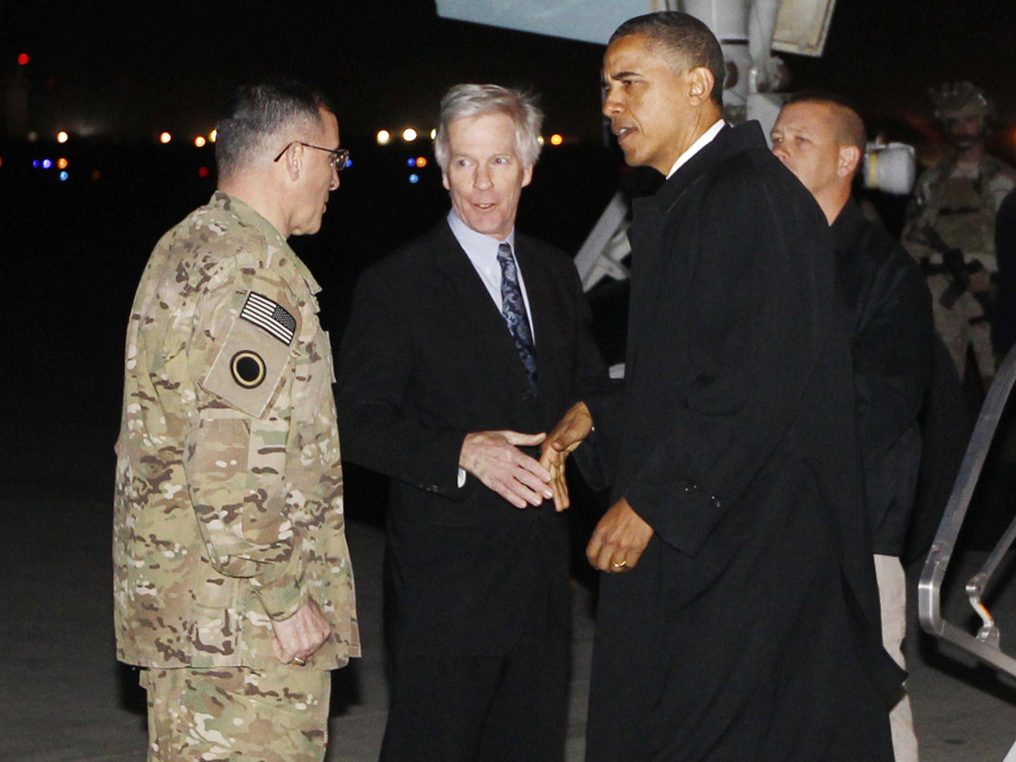 President Barack Obama is greeted by Lt. Gen. Curtis "Mike" Scaparrotti, and U.S. Ambassador to Afghanistan Ryan Crocker as he steps off Air Force One at Bagram Air Field in Afghanistan earlier today (Tuesday, May 1).