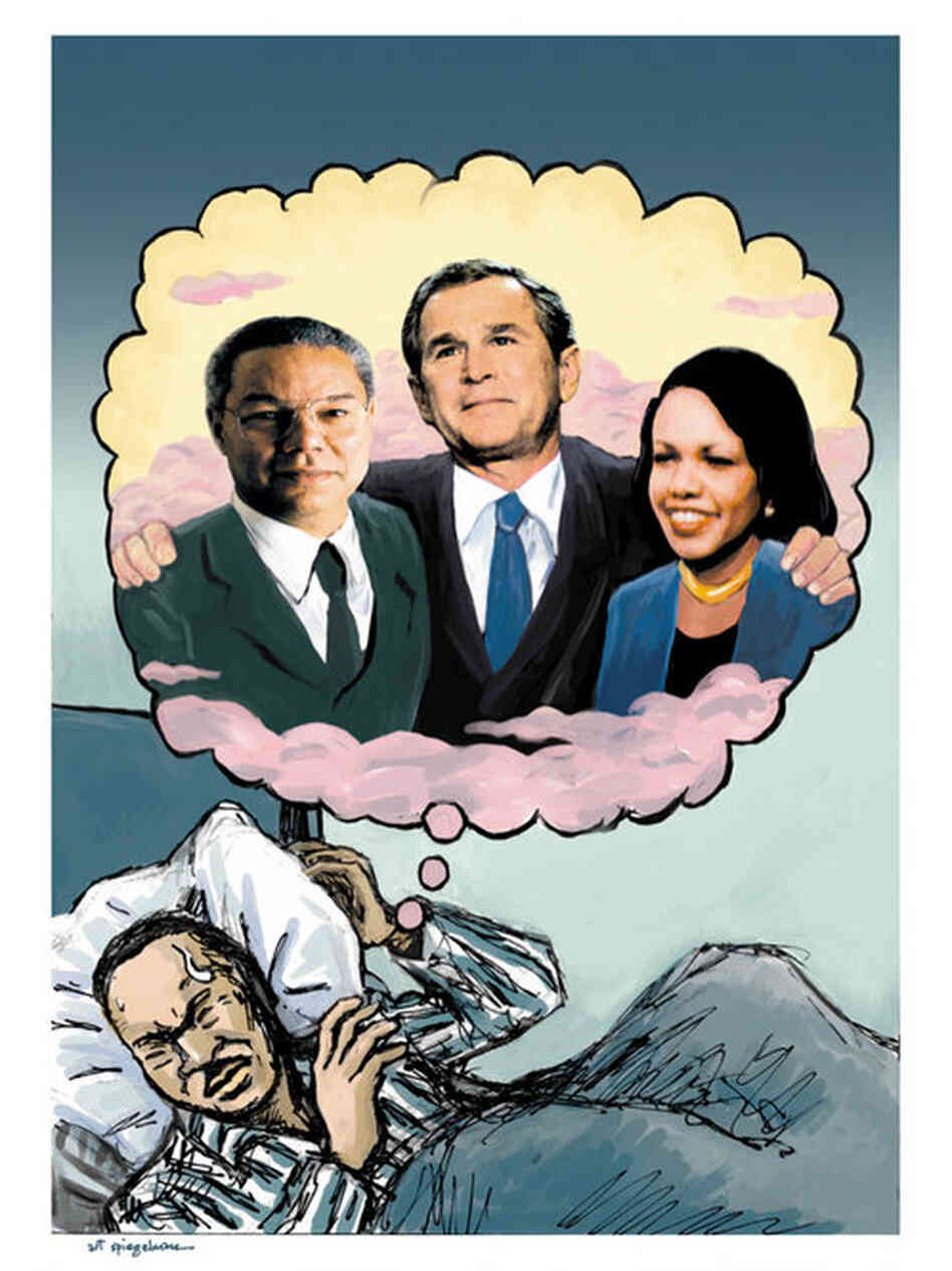In a sketch that Spiegelman proposed during George W. Bush's first term, Martin Luther King Jr.'s dream becomes a nightmare as black leaders like Colin Powell and Condoleezza Rice provide cover for Bush.