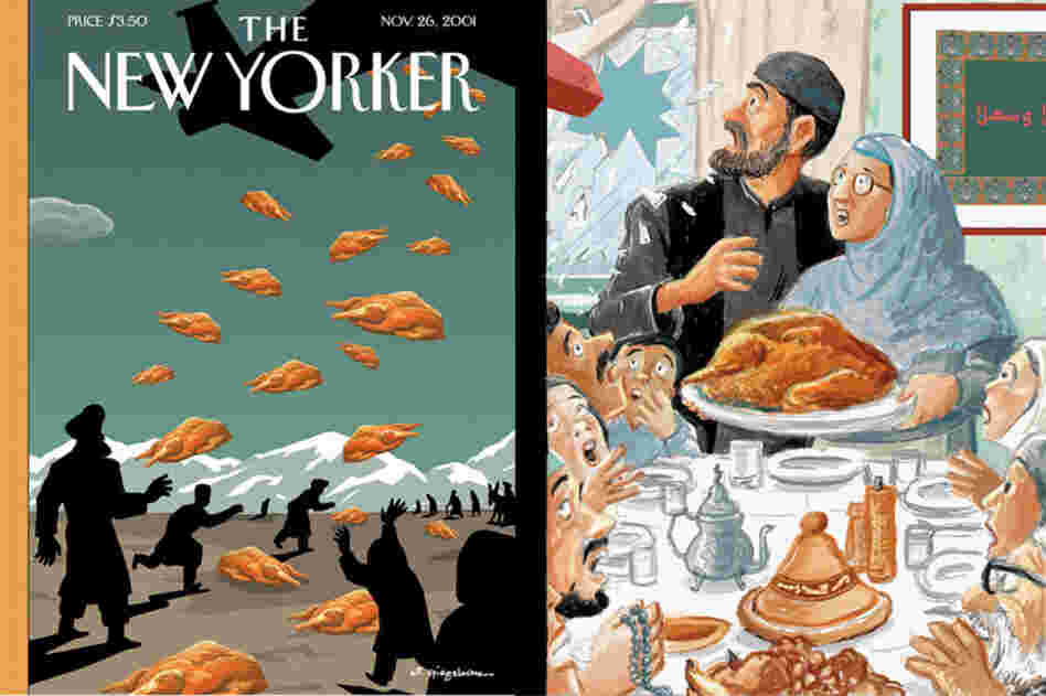 Art Spiegelman repainted Norman Rockwell's Freedom from Want in the fall of 2001, a time of sporadic attacks on American Muslim families. The sketch was accepted, but reports that the United States was, to the confusion of local children, dropping both cluster bombs and care packages in Afghanistan led Spiegelman to choose to commemorate that event instead. (Cover on left copyright 2001 ...