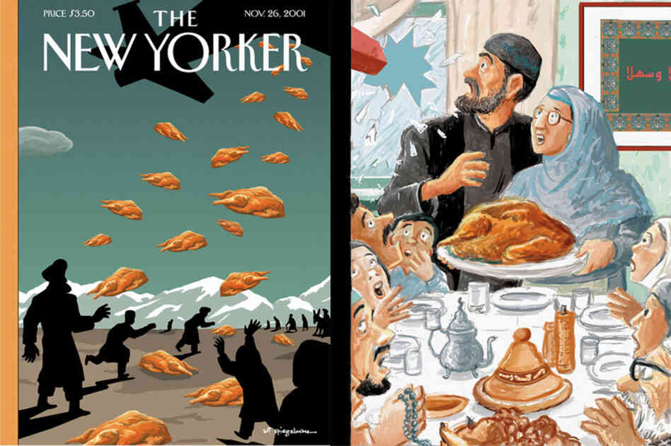 Art Spiegelman repainted Norman Rockwell's Freedom from Want in the fall of 2001, a time of sporadic attacks on American Muslim families. The sketch was accepted, but reports that the United States was, to the confusion of local children, dropping both cluster bombs and care packages in Afghanistan led Spiegelman to choose to commemorate that event instead. (Cover on left copyright 2001 ...