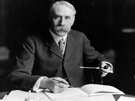 British composer Edward Elgar, seated at his desk at Severn House in Hampstead. His Symphony No. 1 was hailed as the best British symphony ever when it debuted in 1908. British composer Edward Elgar, seated at his desk at Severn House in Hampstead. His Symphony No. 1 was hailed as the best British symphony ever when it debuted in 1908.