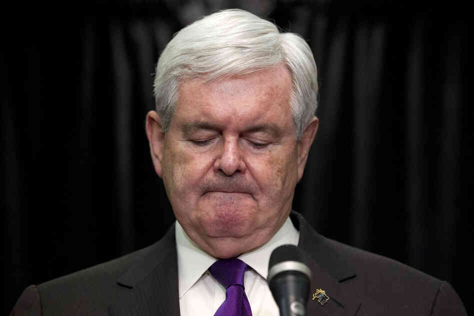 Newt Gingrich pauses while announcing that he is suspending his presidential campaign, Wednesday, May 2, in Arlington, Va. 