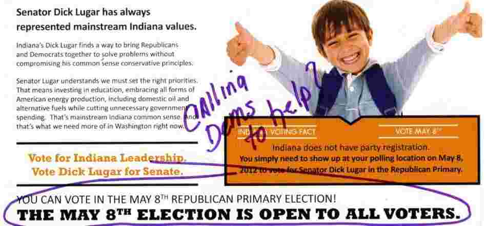 The YG Network sent out mailers to Indiana voters in support of Sen. Richard Lugar, who is being challenged in the GOP primary. Some conservatives objected to the way the mailer seemed to encourage Democrats and independents to vote in the primary — including a reader of William Jacobson's Legal Insurrection blog, who sent this marked-up version to him.