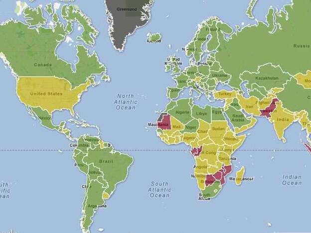 Premature births are lowest in countries that are green. Red signals those with the worst problems.