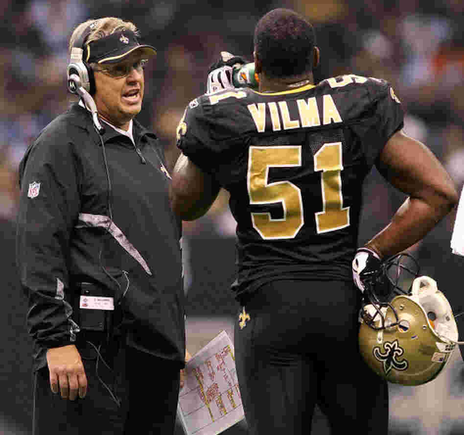 Oct. 31, 2010: Defensive coordinator Gregg Williams (then of the New Orleans Saints) talks to linebacker Jonathan Vilma. Williams has been suspended from the league indefinitely. Vilma will miss the 2012 season.