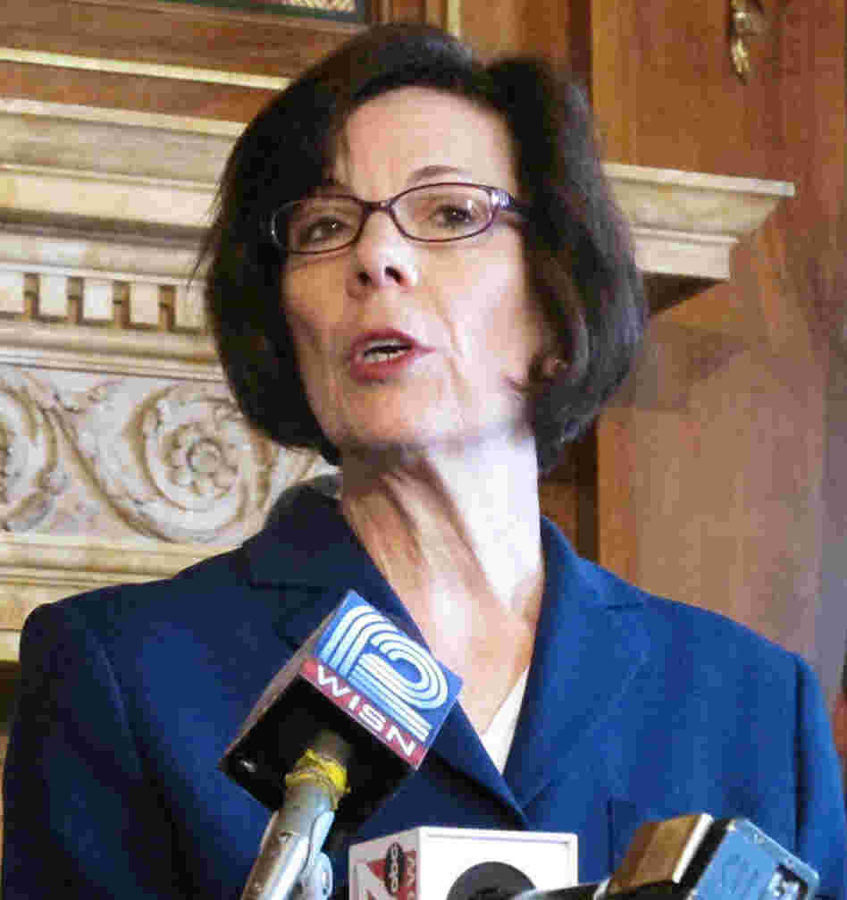 Former Dane County Executive Kathleen Falk discusses union support of her candidacy on April 26 in Madison.