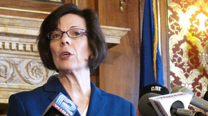 Former Dane County Executive Kathleen Falk discusses union support of her candidacy on April 26 in Madison.
