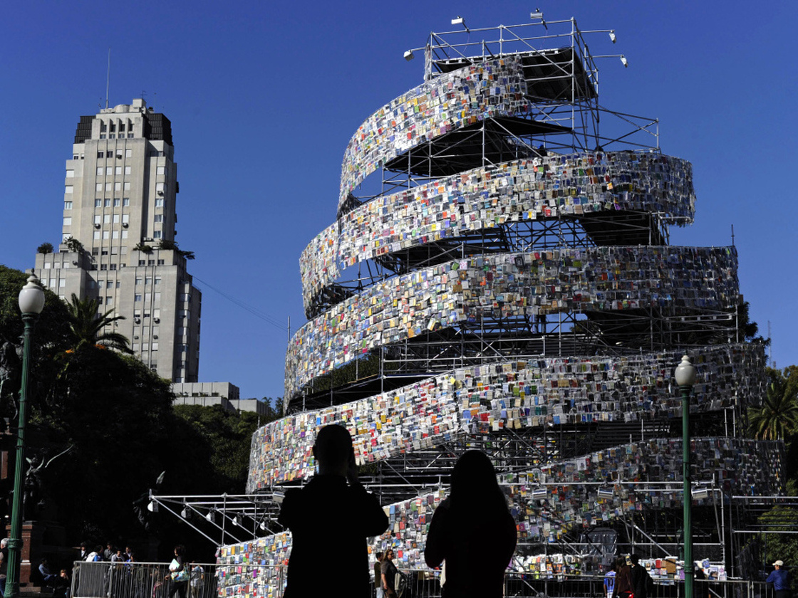 A modern "Tower of Babel" stands in Buenos Aires in 2011. Argentine artist Marta Minujin built the tower out of thousands of books in languages from all over the world.