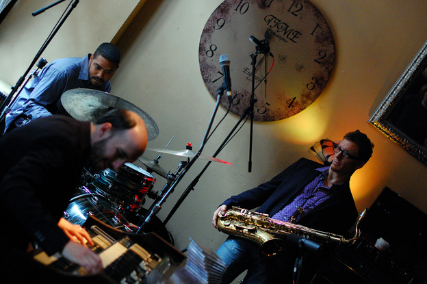 The trio Three Blind Mice, with saxophonist Victor North, organist Lucas Brown and drummer Wayne Smith, Jr., performs at Time.