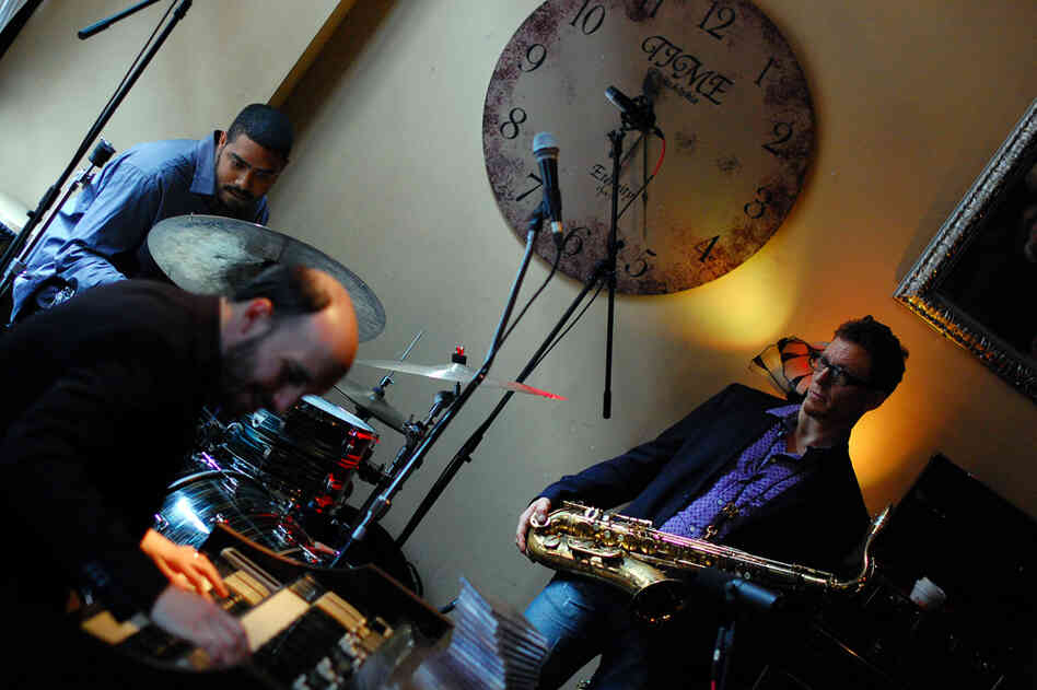 The trio Three Blind Mice, with saxophonist Victor North, organist Lucas Brown and drummer Wayne Smith, Jr., performs at Time.