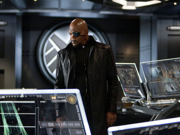 S.H.I.E.L.D. director Nick Fury (Samuel L. Jackson) appeared in earlier Marvel movies only in cameos, but he takes on a central role as he brings the Avengers together.